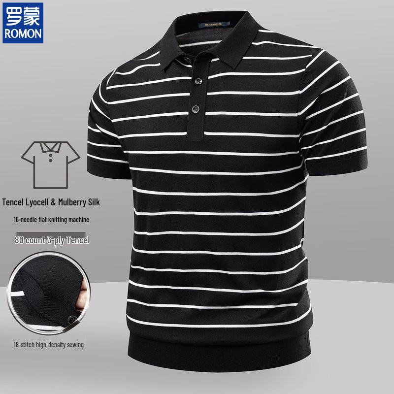 ROMON Men s Lyocell Ice Silk Striped Knit Polo Shirt 4XL