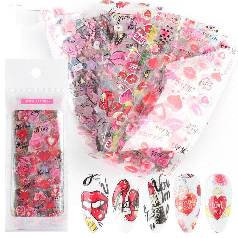 10 Blatt Love Lips Heart Nail Art Transferfolienaufkleber Starry AB Paper Wraps