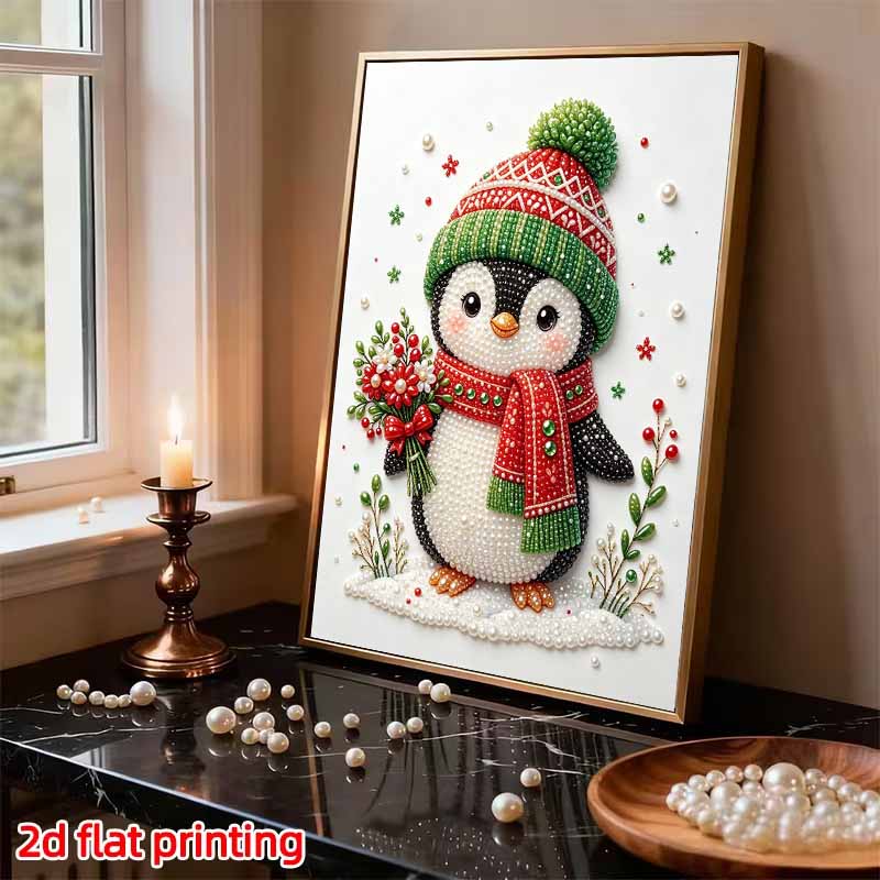 Frameless Pearl Painting Kit Cute Penguin Aesthetic Wall Art DIY Sparkling Bead Canvas Room Decor Creative Craft Christmas Holiday Gift