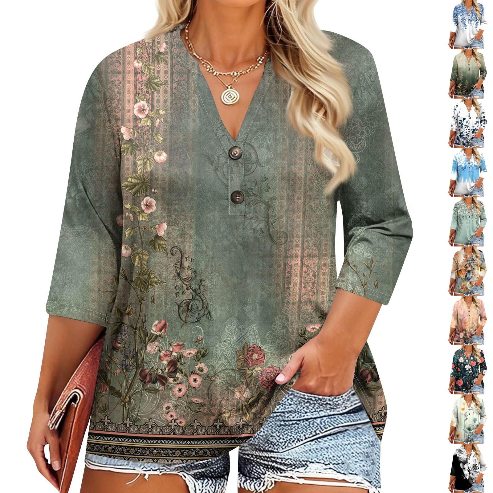 

Plus Size Women s Fashion Casual Vintage Print V-Neck 3/4 Sleeve Button T-Shirt Top XL