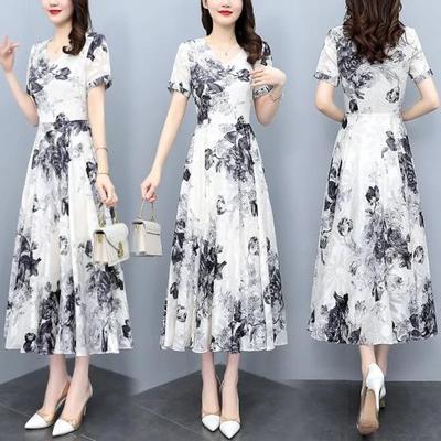 Women's Summer Flowy Chiffon Maxi Dress Casual Short Sleeve V Neck Long Dress Boho Floral Beach Sundress