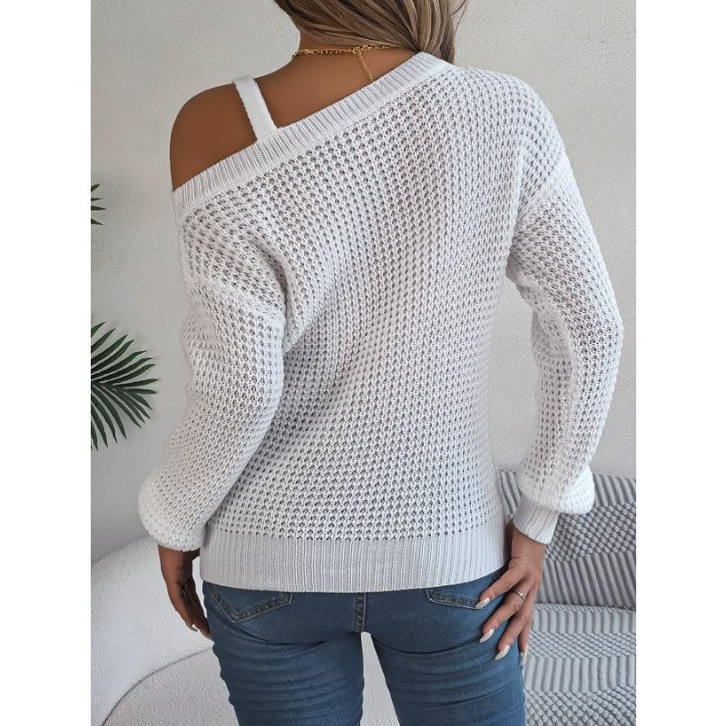 VEZFAA Women's Fashion Casual Fall Winter Solid Color Print Long Sleeve Oblique Collar Sweaters