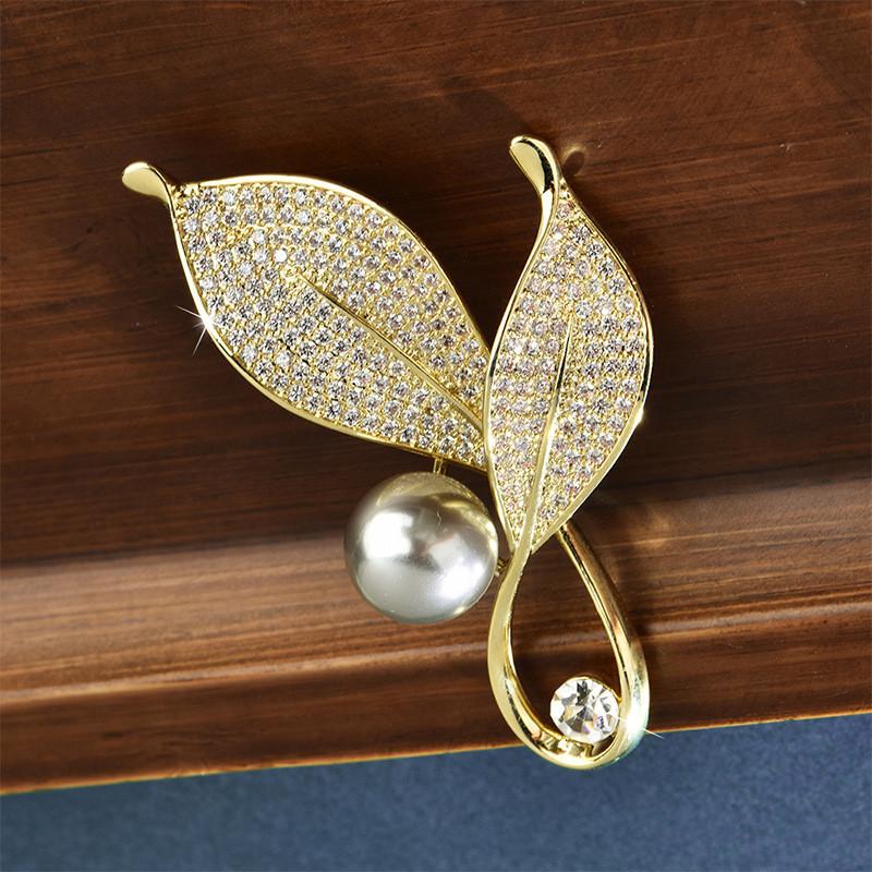 Leaf Brooch For Women With Artificial Pearl And Rhinestone Decoration For Wedding Or Gift