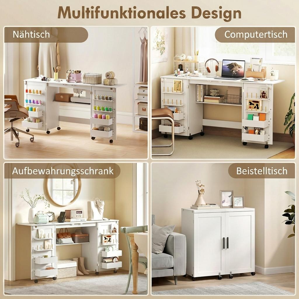 Foldable Sewing Table with 2 Magnetic Doors, Rolling Craft Table with 4 Boxes, 20 Holding Pins, Storage Compartment, White