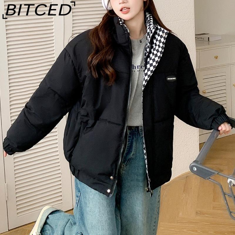 BITCED Stylish Niche Checkered Pattern Thickened Puffer Jacket for Women Mid-Length Winter Cotton Coat