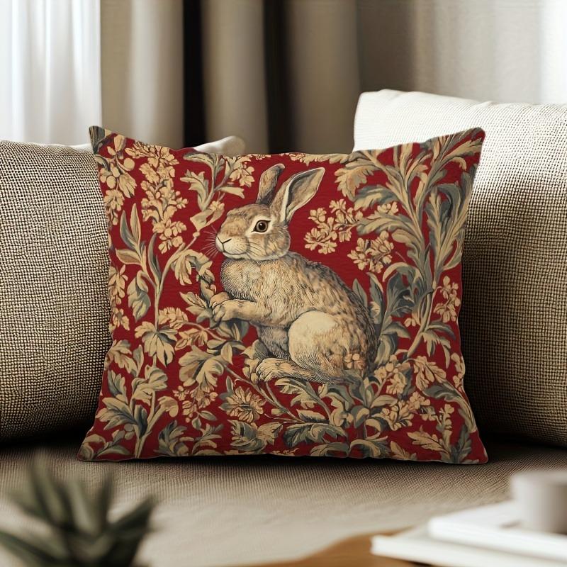 Vintage Rabbit Morris Style Throw Pillow Cover Zipper Closure Polyester, Decorative Cushion Case Room Pillowcase With Zipper