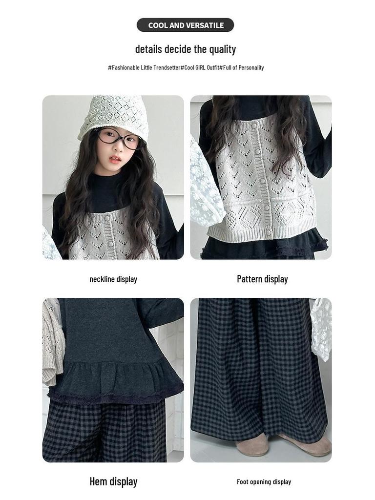 Girls' Plaid Wide-Leg Pants 3-Piece Set for Spring/Autumn 2025