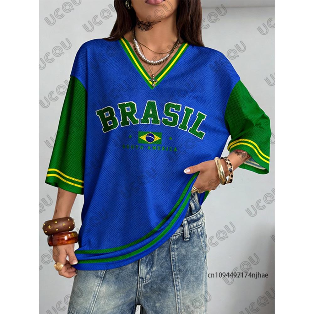 Summer New Brazil Print T Shirt For Women V-Neck Patchwork Short Sleeve Sports Football Jersey Y2K Loose Oversized Surfing Tops