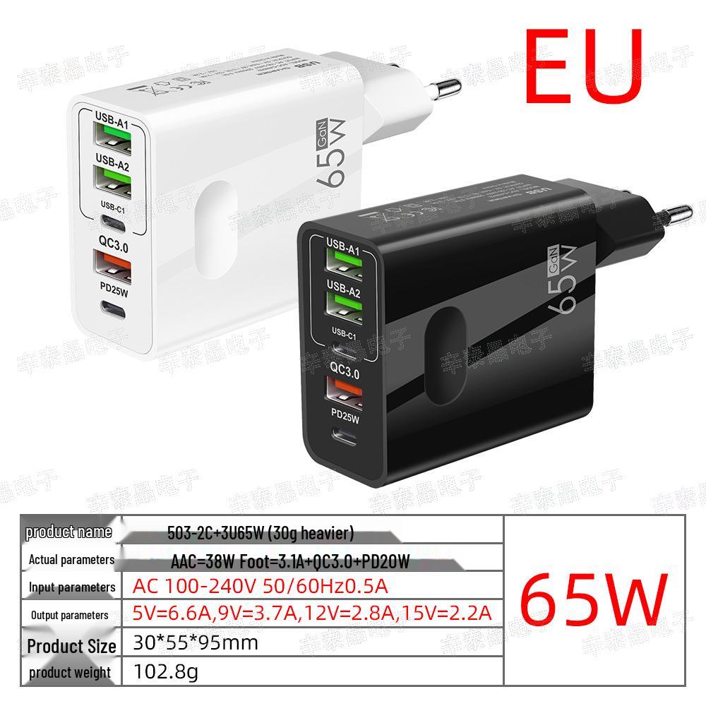65W Gallium Nitride Multi-Port Fast Charger with EU, UK, and US Plugs