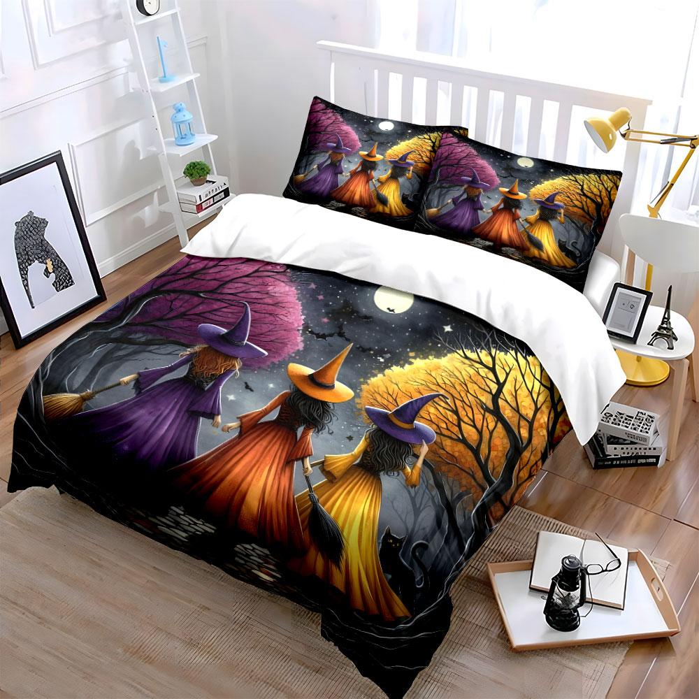 Halloween Witch Costume Set Soft Skin-Friendly Bedding Set Includes 1 Duvet Cover And 2 Pillowcase Gift
