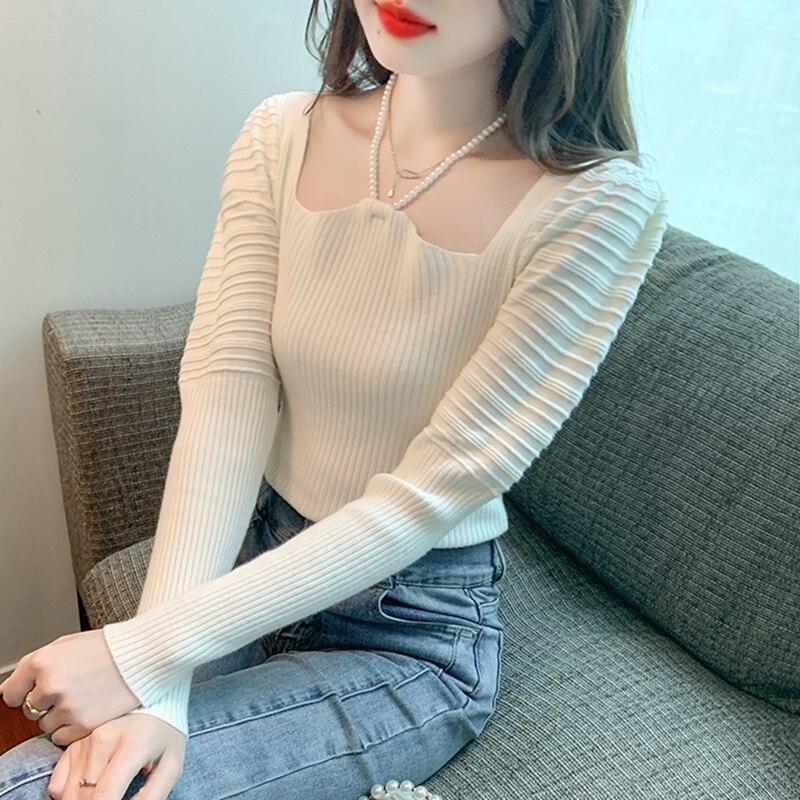 Style français perle licou pull doux col carré hauts en tricot femmes pull automne coupe ajustée à manches longues hauts vêtements 28864
