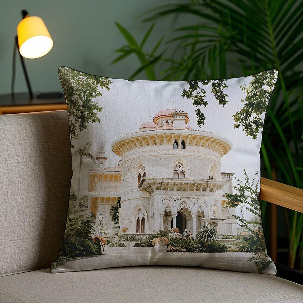 Spanish Beach Island Architecture Art Pillow Case Anti-dustmite Pillowcase Invisible zipper silky short plush Sofa cushion cover