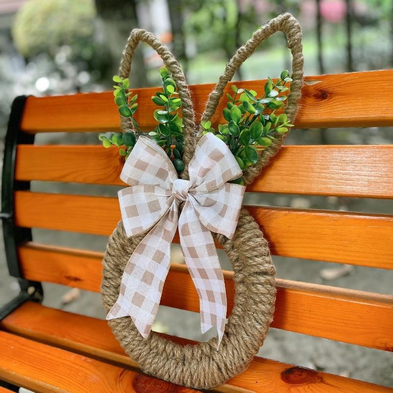 Easters Themed Florals Garlands Cartoon Rabbit Shaped Wreath for Front Door or Wall Decoration Seasonal Accessory