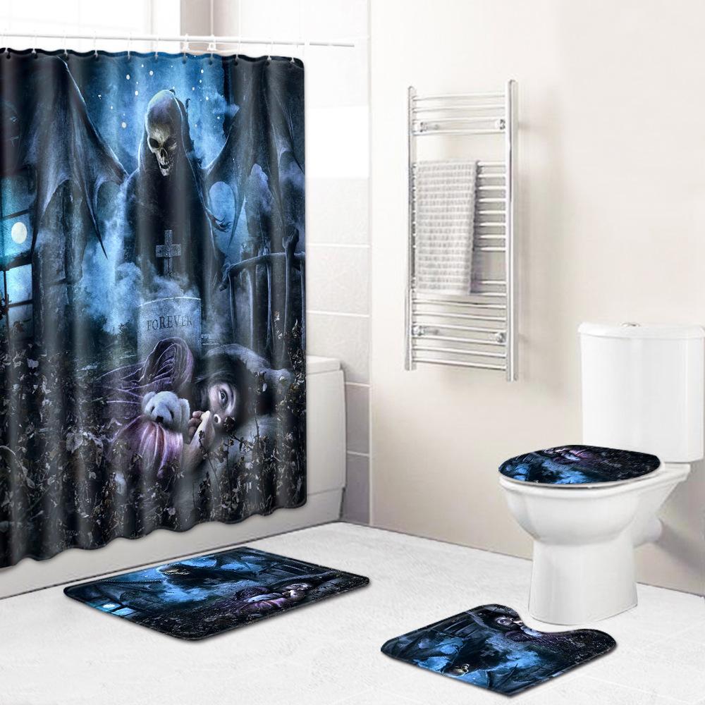 Skull Shower Curtain Floor Mat Combination Four-Piece Set Bathroom Toilet Carpet Shower Room Mat Foot Mat