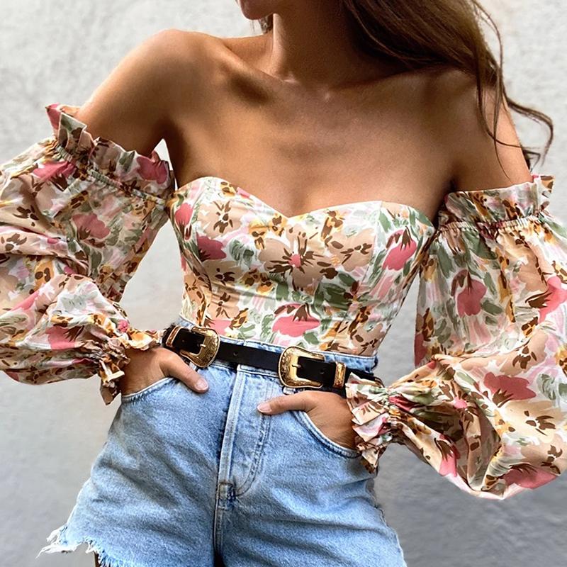 Sexy Ladies Off-shoulder Tube Top Print Chiffon Shirts Casual Spring Summer Lantern Sleeves Pullover Elegant Office Slim Blouses