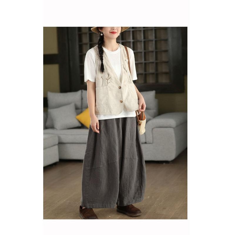 Women Floral Embroidered V Neck Button Front Cotton Vest