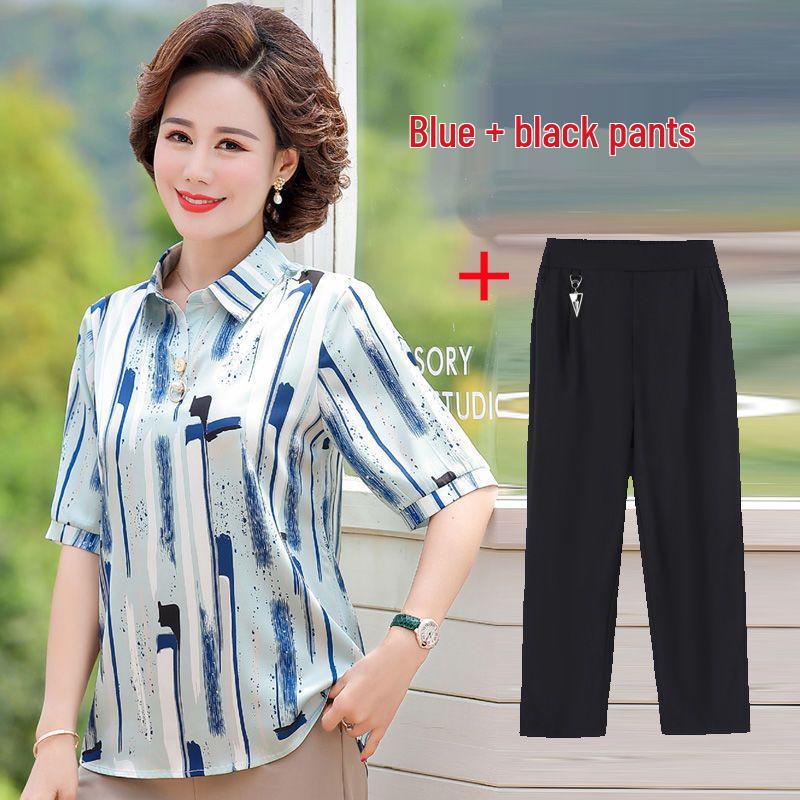 Sommer-Kurzarmhemd & Top Zweiteiliges Set für Frauen mittleren Alters