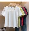 Plus Size French Style Square Neck Women's T-shirt - Tummy Concealing, Slimming Summer Short Sleeve Top
