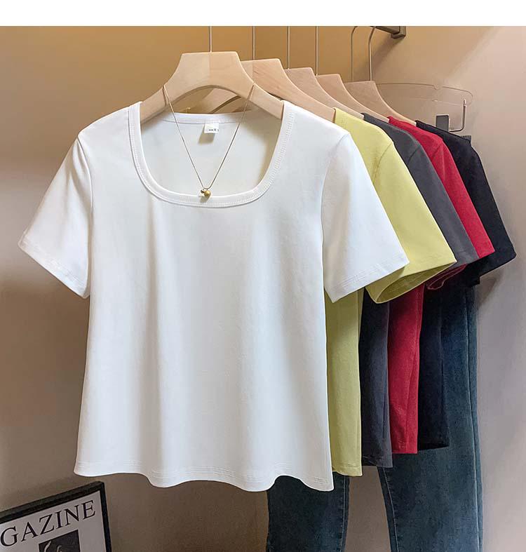 Plus Size French Style Square Neck Women's T-shirt - Tummy Concealing, Slimming Summer Short Sleeve Top