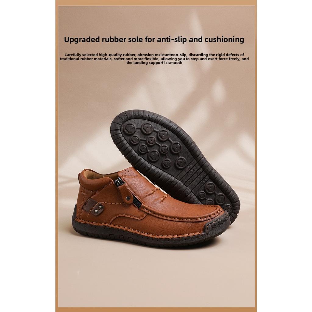 Oversized Men's Outdoor Casual Shoes, Flat Bottomed Handmade Stitched Leather Shoes, High Top Oversized Shoes, Boots