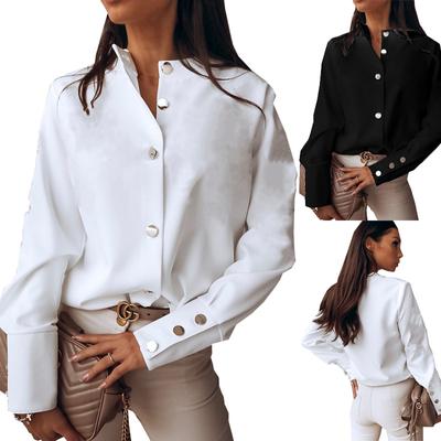 Damen-Langarmshirt, Retro-Mode, Rundhalsausschnitt, Knopfleiste, einfarbig, lässiges Damen-Top