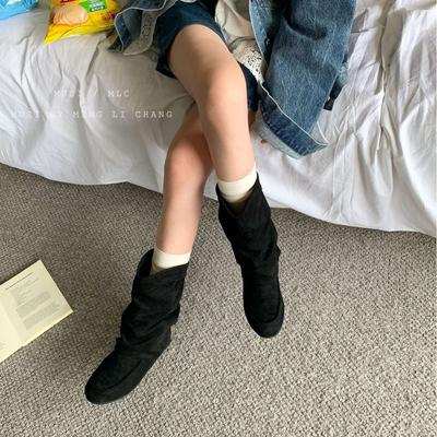 2025 Spring and Autumn Women's Suede Round Head Flat Bottom Temperament Inner Height Increase 3CM One Pedal Boots Smoke Tube Boots