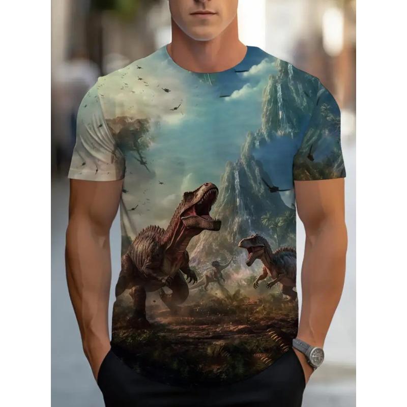 Men's 3D Dinosaur Printed T-shirt Casual Short Sleeved Round Neck Breathable Polyester Fabric Summer Style