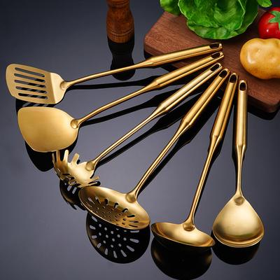 1Pc Golden Stainless Steel Long Handle Cooking Utensils Rice Spoon Soup Ladle Pancake Spatula Colander Gadgets for Kitchen
