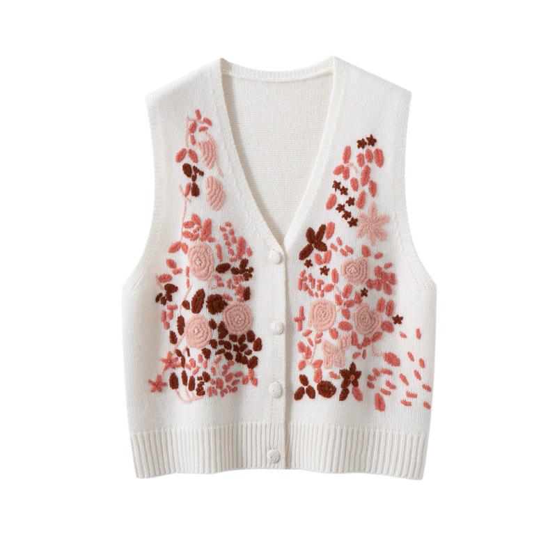 

Женский кашемировый жилет с V-образным вырезом, ручная вышивка M белый