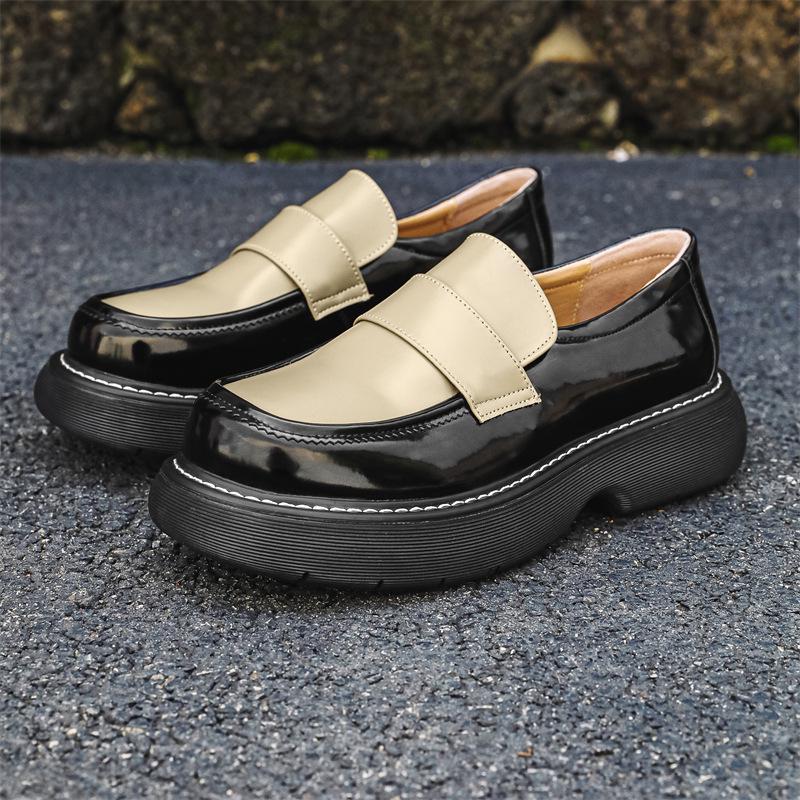 Spring 2024 Round Toe Leather Slip-on Shoes with Thick Sole - British Style, Low Heel, Casual Business Fashion (Model 96599-J)