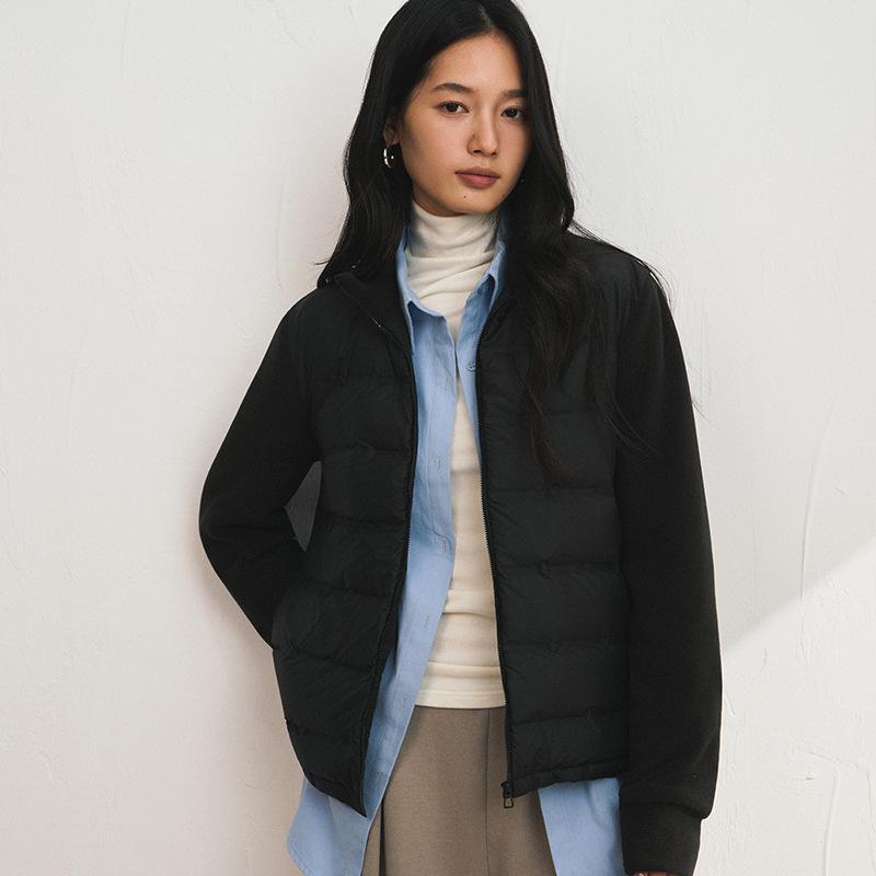 Women's Stand Collar Quilted Puffer Jacket Fleece Sleeve Patchwork Zip Up Short Cotton Padded Coat Solid Color Winter Outerwear