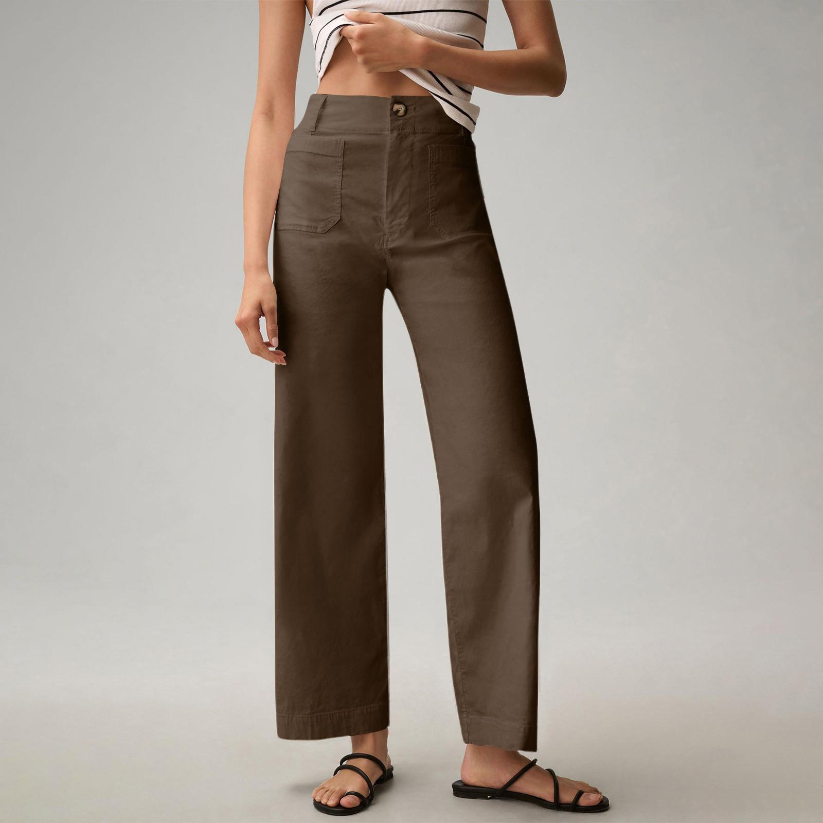 

Женские однотонные повседневные широкие брюки с девятью точками и карманами L кофейный