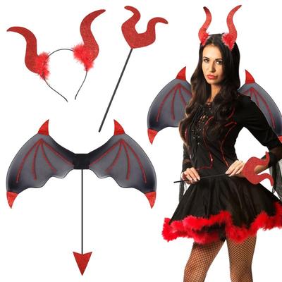 3 Pieces Red Devil Costume Set Halloween Accessories - Black Wings, Demon Wand, Sequin Horn Headband - Cosplay Kit for Halloween Party