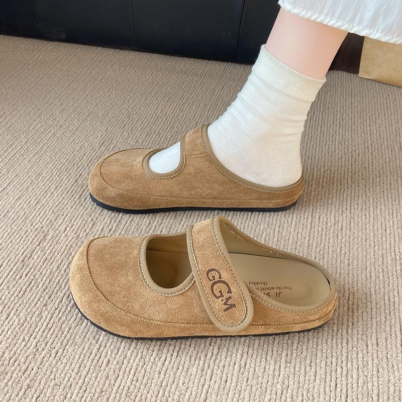 Retro Literary Style Velcro Mary Jane Shoes Bag Head Half Slippers Women Wear a Pedal After Empty