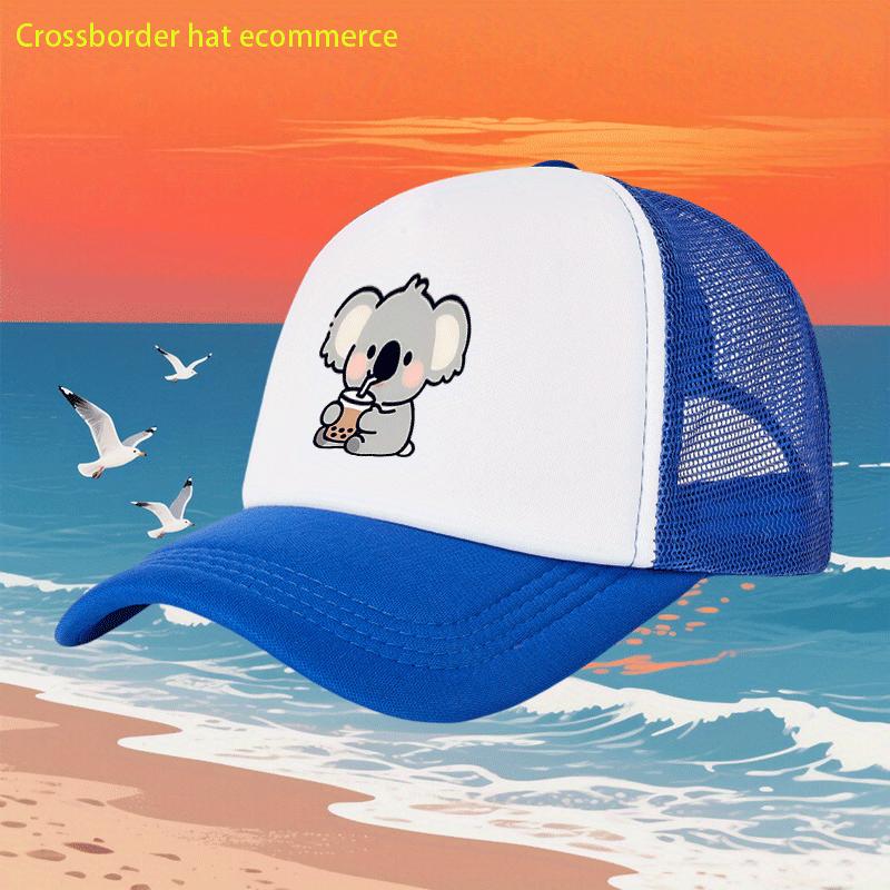 Cute Koala Drinking Bubble Tea Mesh Trucker Hat Unisex Polyester Casual Baseball Cap Four Seasons Beach Headwear