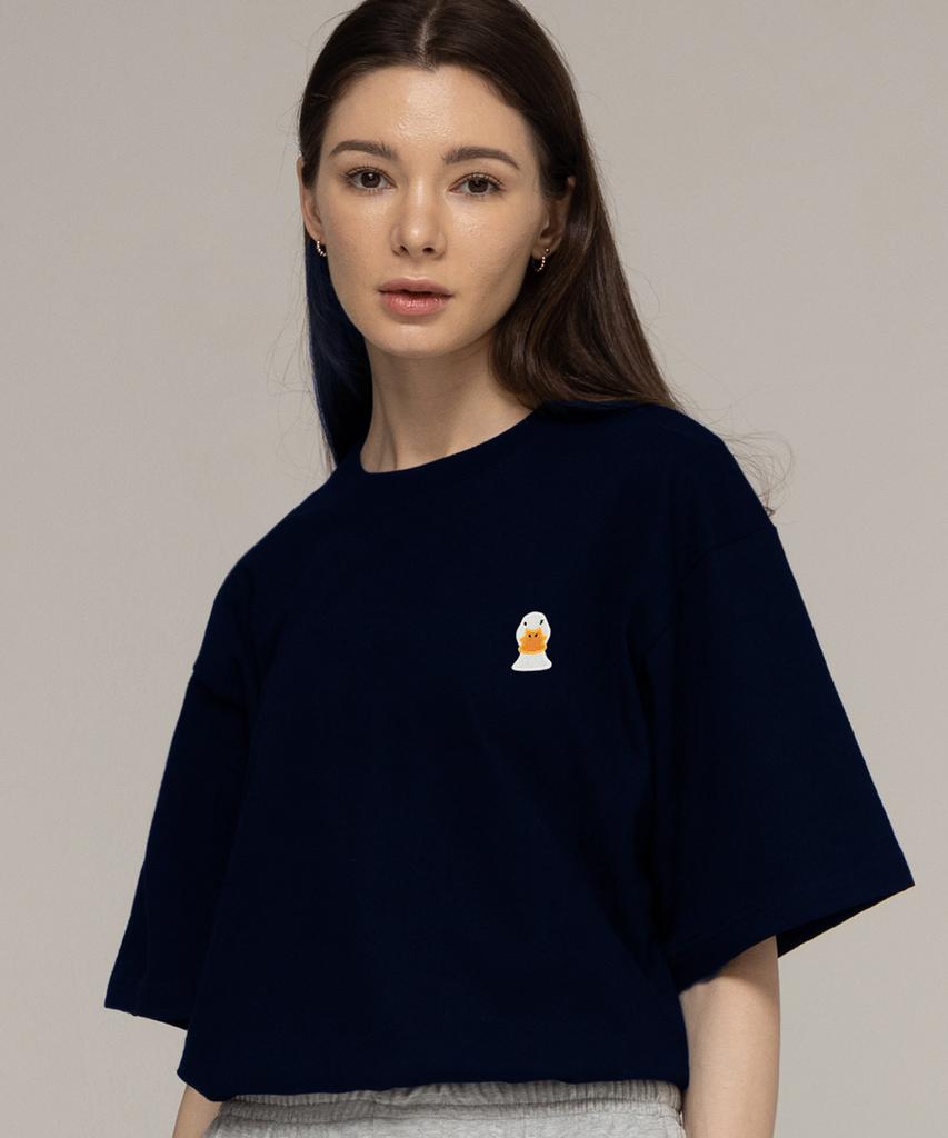GRAVER [Unisex] Duck Face Embroidered Smile Short Sleeve T-Shirt_Navy
