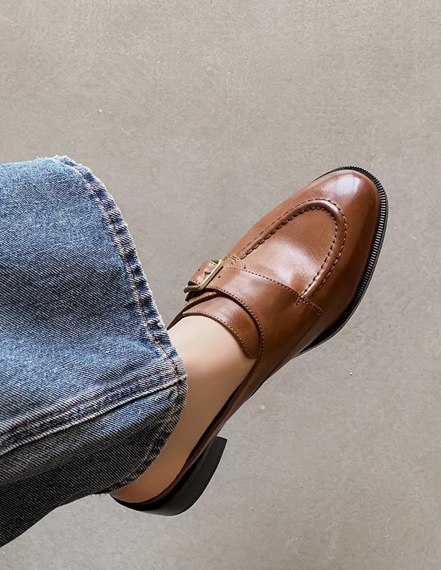 

Sheepskin version~ Belt buckle thin thick heel bag head half drag loafers women s black single shoes leather round head small leather shoes 34