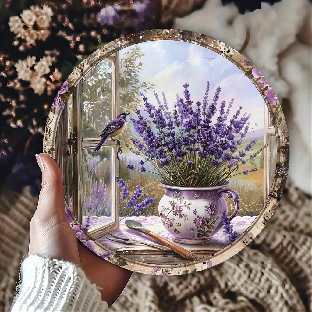 D Flat xinch Round Vintage Lavender Garden Wall Plaque with Lavender Flowers Distressed Vase Rustic Farmhouse Decor Su