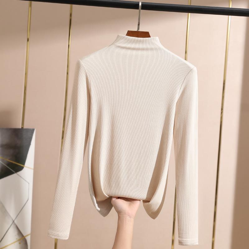 Liten skjorte med høy krage med bunn i feminin stil Halv høy krage Langermet T-skjorte Slank ensfarget skjorte