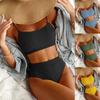 2025 Stylish European & American High-Waist Ribbed Bikini - Spiral Design, Sexy Solid Color