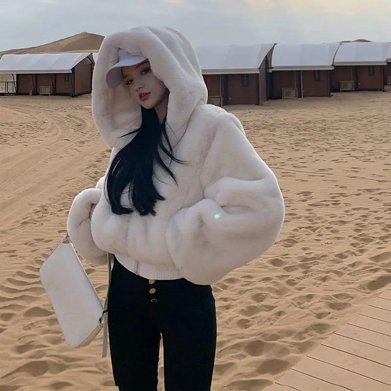 Furry Cropped Faux Fur Coats and Jackets Women Fluffy Top Coat with Hooded Winter Fur Jacket