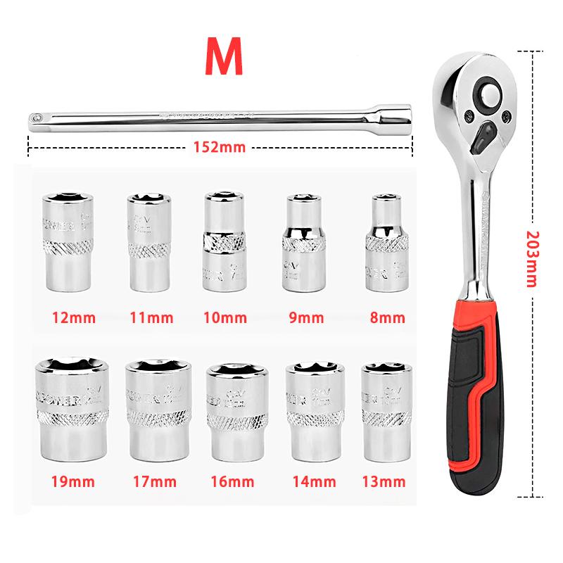 12-teiliger Ratschen-Steckschlüsselsatz aus Chrom-Vanadium-Stahl, schnelles und arbeitssparendes Vorder- und Rückwärtsschraubenschlüssel-Werkzeug für die manuelle Autoreparatur