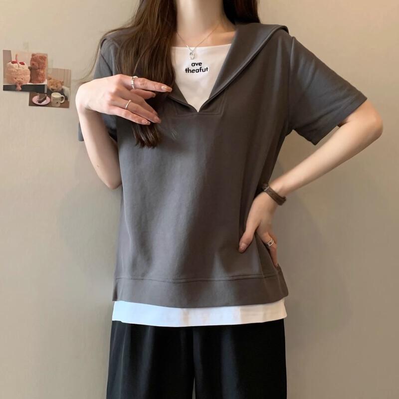La Chapelle Women s Sailor Collar Faux Two-Piece Short Sleeve T-Shirt L