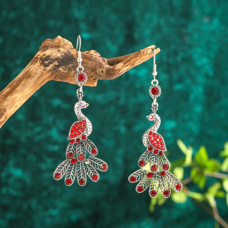 Vintage Ethnic Colroful Rhinestone Peacock Dangle Earrings For Women Long Classic Silver Color Animal Earrings Female Jewelry