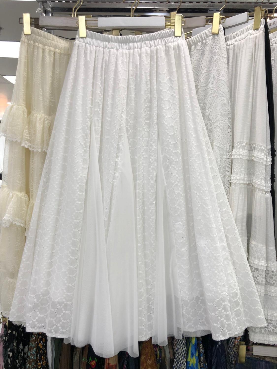 

Эластичная юбка с высокой талией, тяжелая промышленность, вышивка, цветочное сечение, разрез, белый маятник, муза, веер, длинная юбка, европейская станция, женская одежда one size fits all