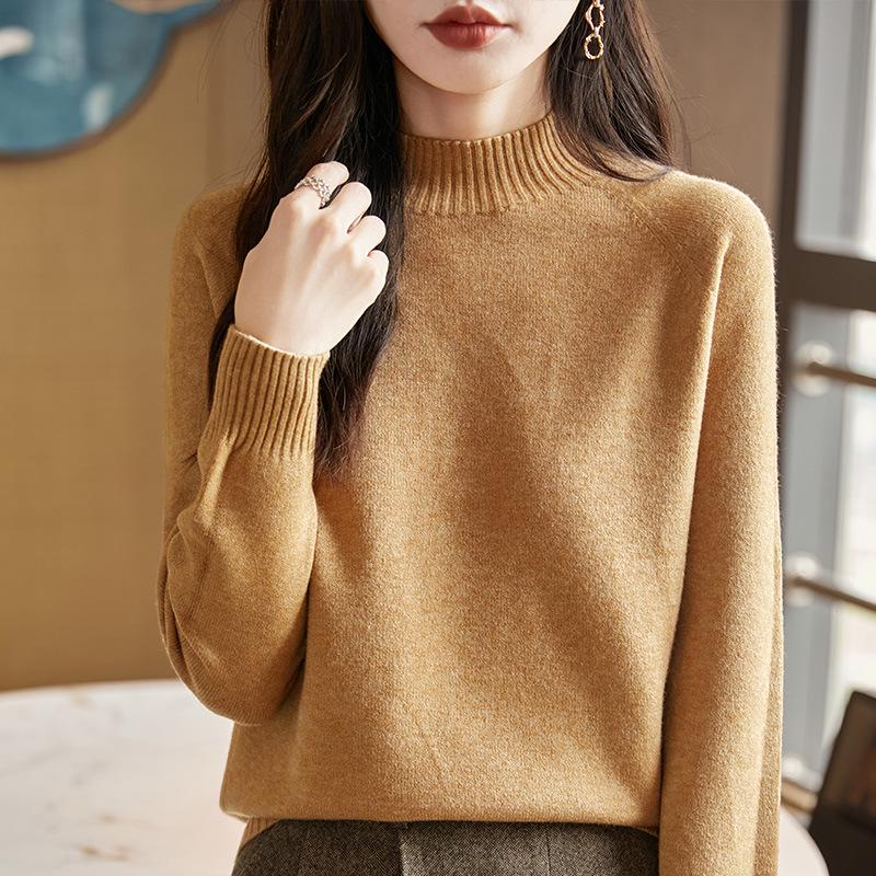 Women's Autumn/Winter Half-High Neck Thick Knit Pullover - Versatile, Loose, Slimming Solid Color Base Layer