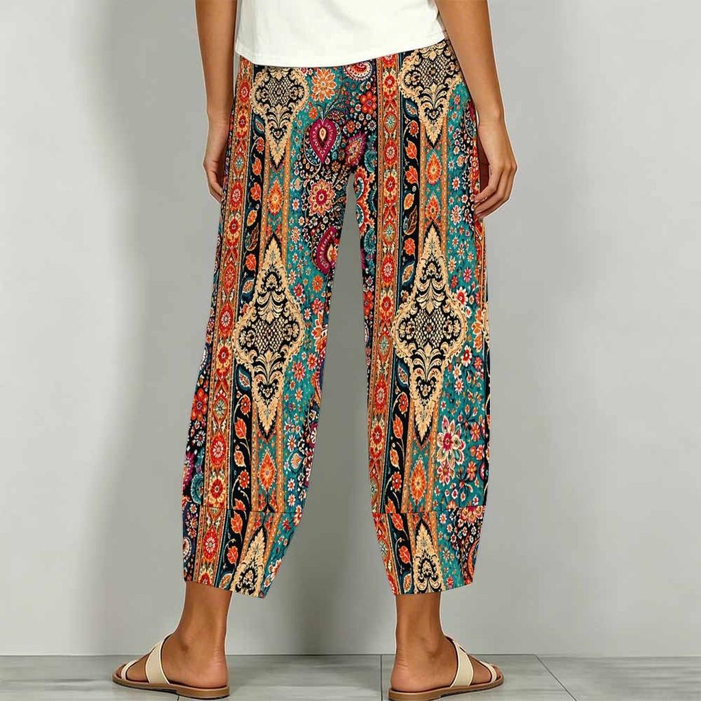 Women Plus Size Floral Printed Loose Cross Hem Cropped Pants