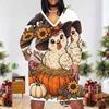 Women Plus Size V Neck Long Sleeve Halloween Ghost Pumpkin Printed White Fitted Straight Dress