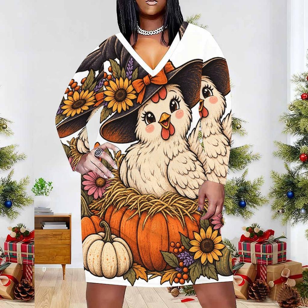 Women Plus Size V Neck Long Sleeve Halloween Ghost Pumpkin Printed White Fitted Straight Dress