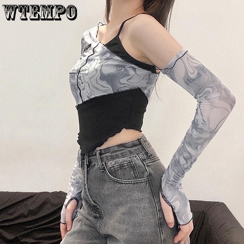 WTEMPO Dámské šik síťované patchworkové tričko s dlouhým rukávem + vnitřní přiléhavý top na ramínka, asymetrické falešné dvoudílné zkrácené topy
